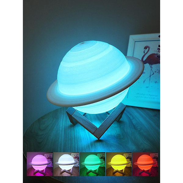 3d Print Dekor Saturn Lampa Med Trä Ställ Hängande Net Nursery Led Nattljus 15cm