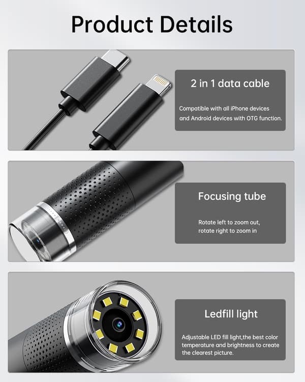 Suurennuslasi 1600X 8 Säädettävällä LED-valolla iOS- ja Android-laitteille