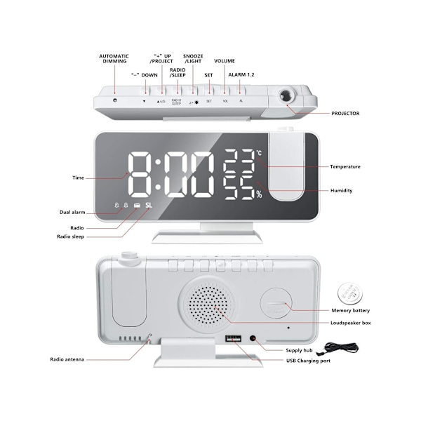 Radio kattoprojektiolla LED- USB kello, jossa lämpötila ja aika white