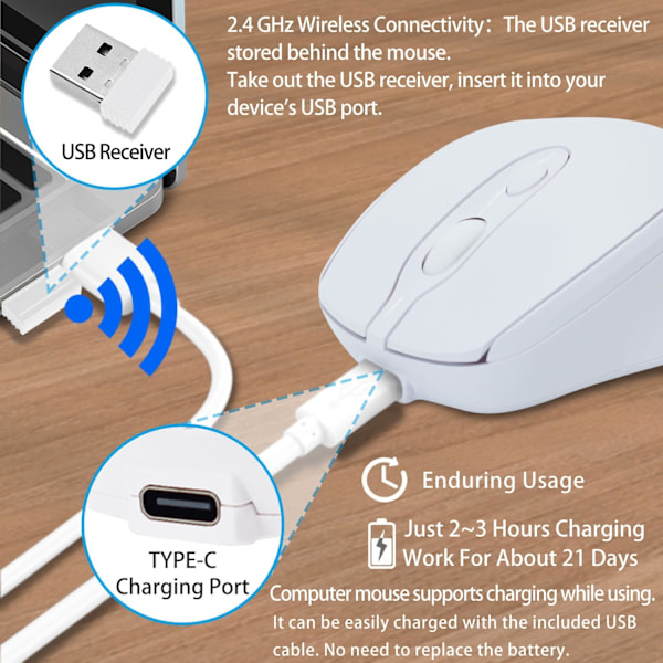 Bluetooth 5.2 & 2.4G Bærbar Optisk Mus Med Usb-Modtager, 3 Justerbare Dpi (Hvid)