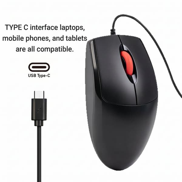 Kablet mus, 1200DPI Plug and play, Type-c-plugg (svart)