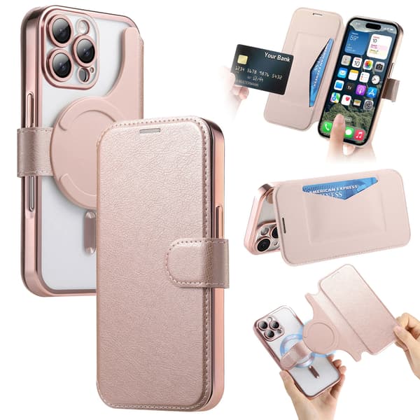 Etui til iPhone 16 Plus, med Magsafe avtakbar magnetisk flipp (Rosegull)