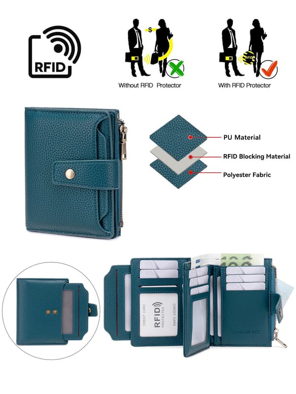 Pung - RFID Tyverisikring, PU Læder Bi-Fold, Lynlås og 4 ID-vinduer Brown