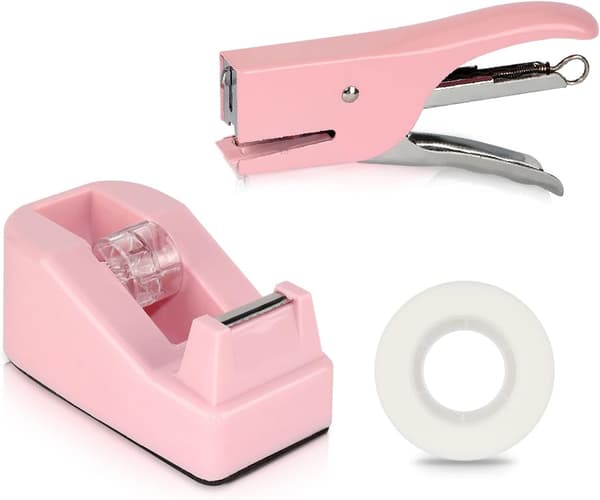 Rosa metallstifter og teipdispenser sett for kontor og studenter