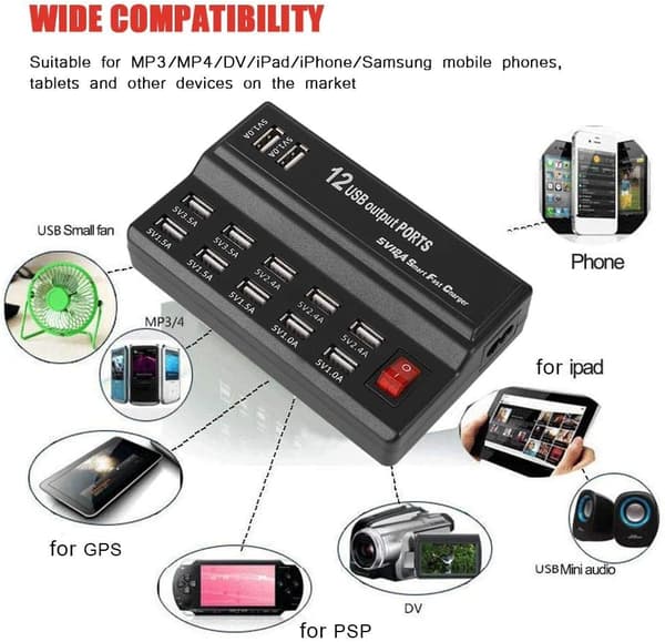 USB-oplader 12 porte 5V 10A indgang Multi USB-porte ladestation