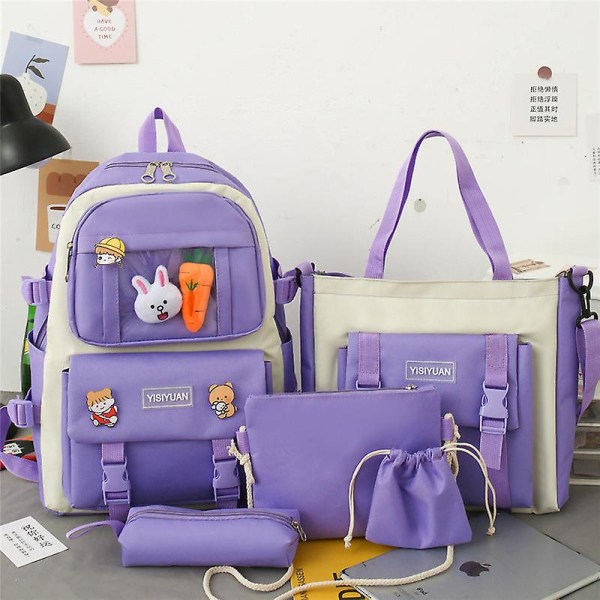 Student jente ryggsekk skulderveske skolesekk sett canvas student koreansk stor kapasitet campus Purple