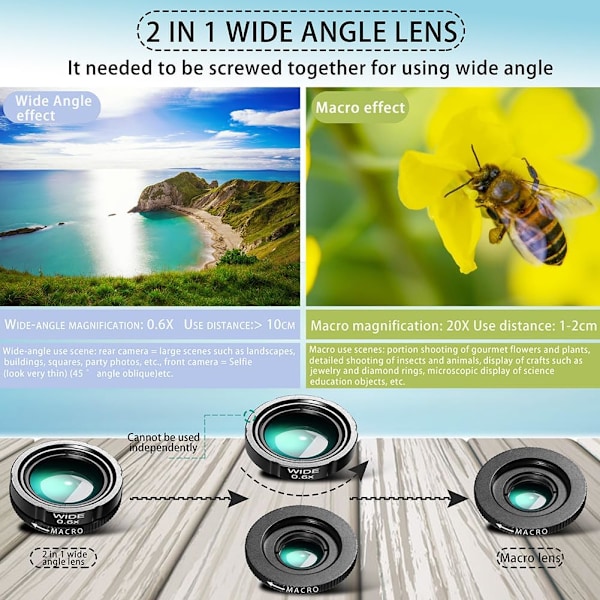4 i 1 Telefon Kamera Linse Kit Til Iphone Android, 28X Teleobjektiv, 0.6X Vidvinkel Linse
