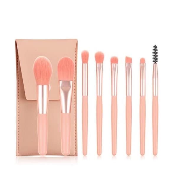 Make-up børstesæt med opbevaringspose - pakke med 8 (pink)