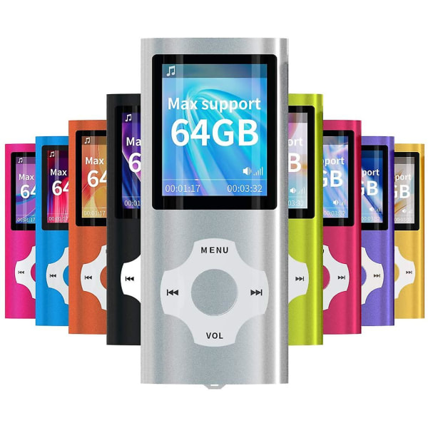 Mp3-spiller/Mp4-spiller med 64gb/32gb/16gb minne SD-kort Slank klassisk digital LCD-skjerm 1,82 tommers skjerm Mini USB-port med FM-radio, stemme silver 64GB