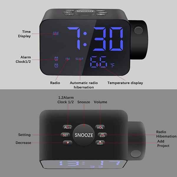 Loftprojektionsurradio,fm-vækkeur med loftsprojektor,temperaturdisplay,usb-opladningsport Dobbelt vækkeure,sort skive