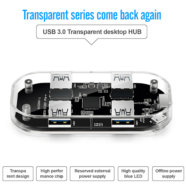 Usb Hub Multiport Adapter, 4 Portar Helt Transparent Usb 3.0 Hub