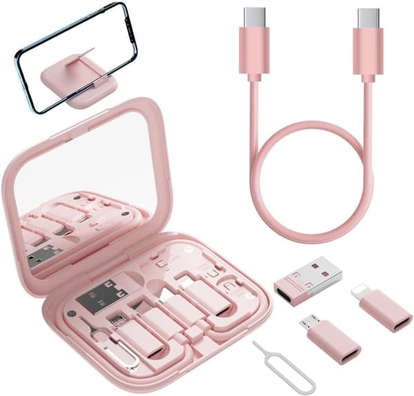 Adapter - Indeholder makeupspejl/USB C-kabel/OTG-adaptere til mobiltelefon (pink)