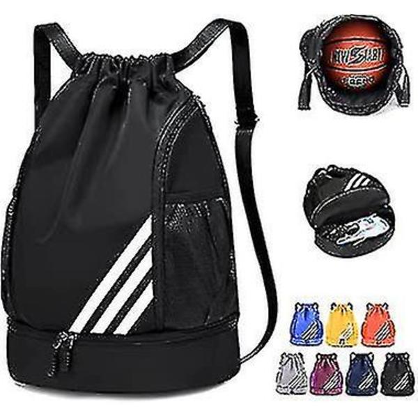 Vanntett snøring ryggsekk sports treningsbag med skoskuff, vanntett snøring ryggsekk for menn kvinner Black