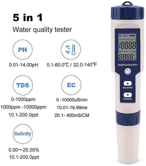 5-i-1 digitalmåler, TDS / EC / pH / salinitet / temperatur vannkvalitetsovervåkingstester