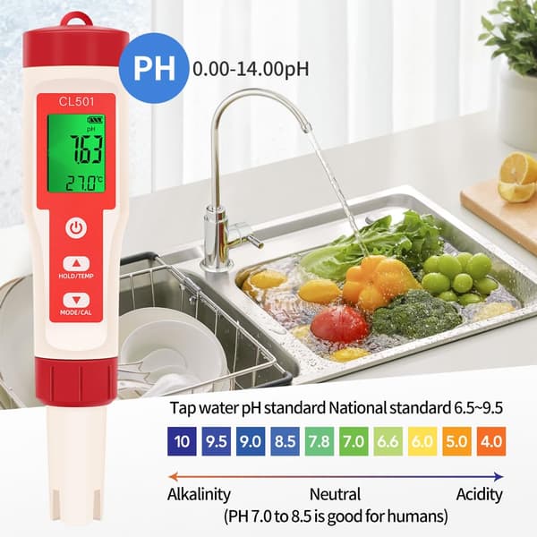 5-i-1 Digital Vannkvalitetstester, TDS/pH/H2/Temp/ORP/Cl, 0,01 Nøyaktighet