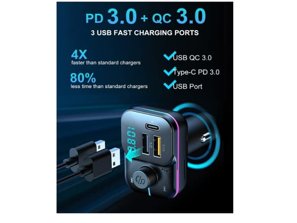 Bluetooth Biladapter Bilradio Bluetooth FM-sender Bluetooth Bilsender PD QC Hurtigopladning Bluetooth 5.0 Sort
