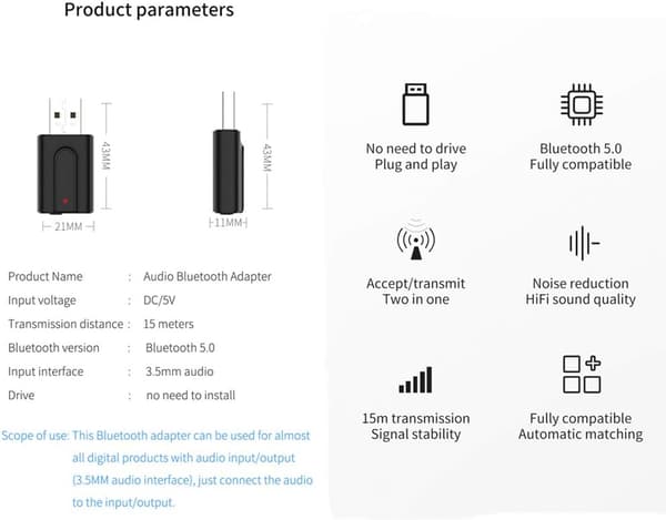 Bluetooth USB-mottaker Bluetooth 5.0-adapter 2-i-1, Aux-In 3,5 mm Jack