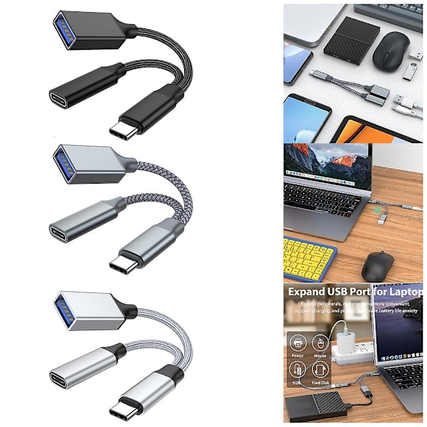 2-in-1 OTG-adapterikaapeli Type-C:stä USB:hen PD10w:n latauksella puhelimiin OTG-muunnin Gray