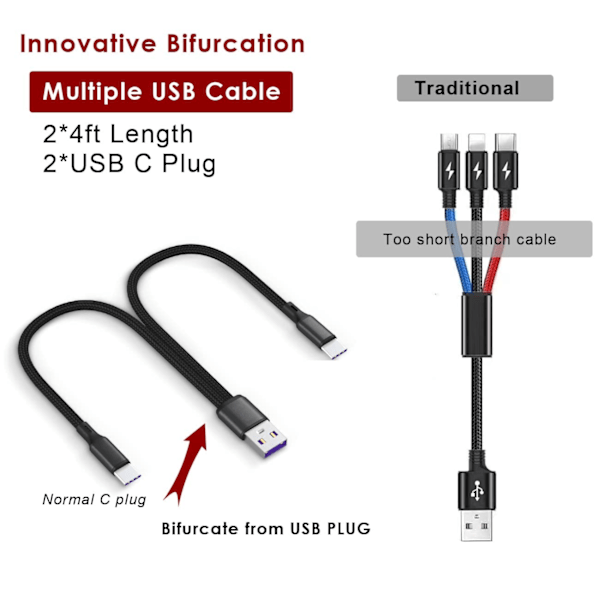 Dobbelt USB C Multi Opladerkabel Dobbelt 1,2 m Langt Kabel Multi USB Kabel