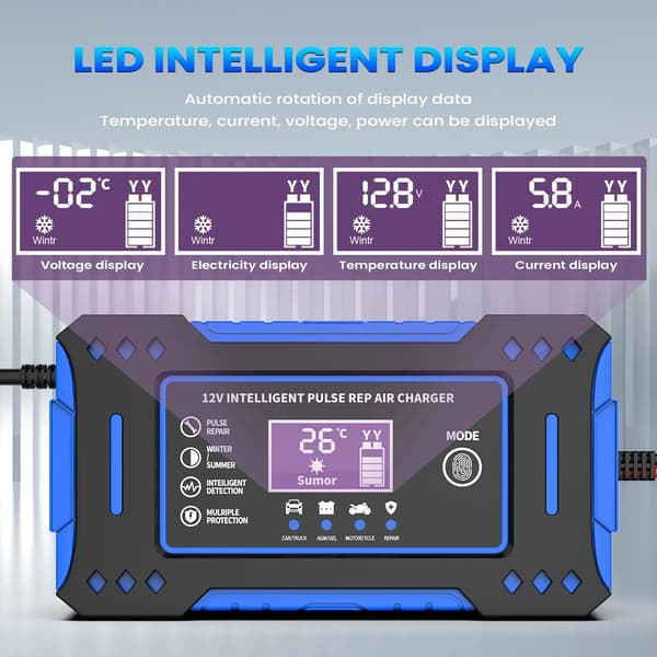 Batterioplader - 6A 12V Batterireparation med LCD-display