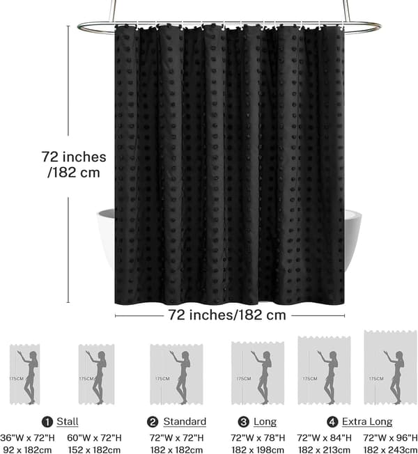 Duschdraperi, 72 x 72 \" Tuftade veckade blompuffar texturerade med krokar Black