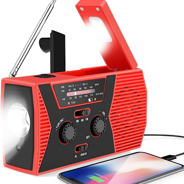 Am/Fm/Noaa Solardriven Radio Med Handvev, Med Sos-Larm, 2000Mah (Röd)