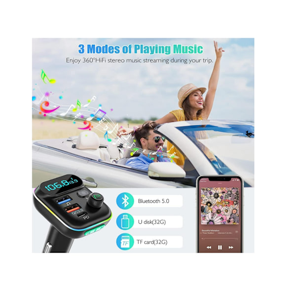Bil FM-sändare Pd3.0 Typ C Qc3.0 Snabb Billaddare Handsfree Samtal U Disk Stöd Svart