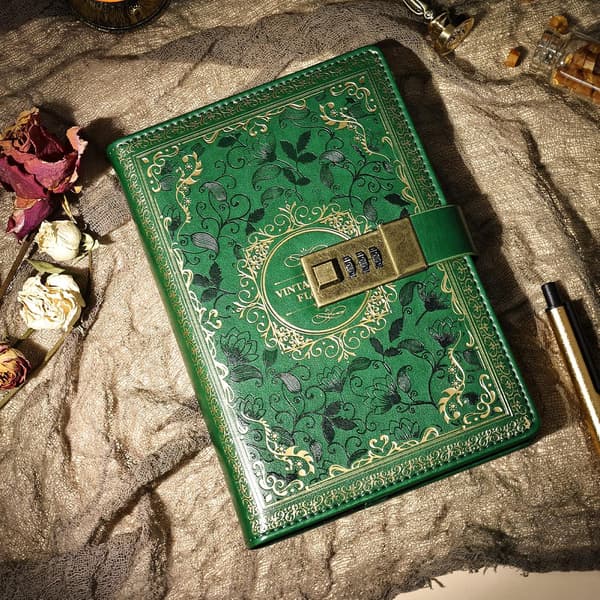 Vintage læderjournal notesbog med kombinationslås, B6 præget blomst Green