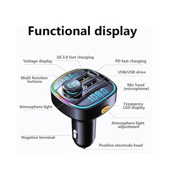 Auton Bluetooth-lähetin nopealla PD3.0-, Type C- ja USB-latauksella