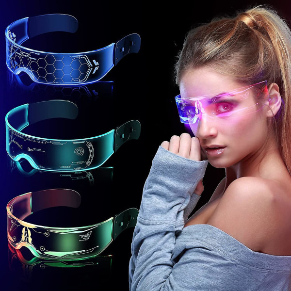 3 stk Led visirbriller, 7 farger og 5 modi futuristiske briller Cyberpunk Light Up Goggles selvlysende briller