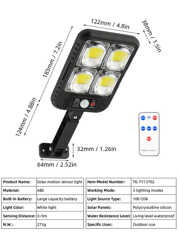 Utendørs Solar Flomlys Lampe 100 COB med Bevegelsessensor, IP65 Vanntett 3 Moduser 100 COB