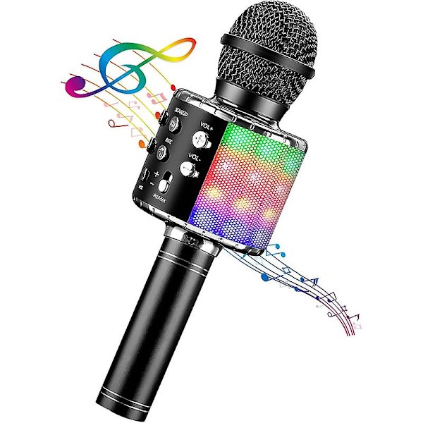 Karaoke trådlös mikrofon med led-ljus, bärbar mikrofon för barn Black