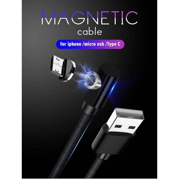 Magneettinen kaapeli, 3 in 1 L muotoiltu nylon USB pikalataus- ja tiedonsynkronointijohto LED-valolla, yhteensopiva mikro USB, C-tyypin älypuhelimen ja