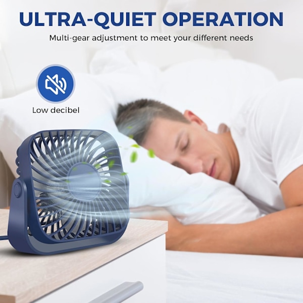 Bordventilator - 3 Hastigheder Bord Desktop Køleventilator 360° Rotationsjustering (Blå)