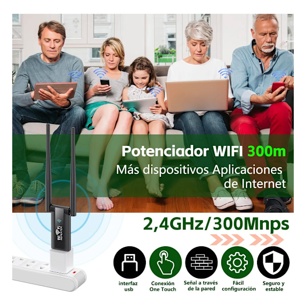 Wi-Fi Förstärkare, Wi-Fi Repeater Extender Point 2.4Ghz 300Mbps (Svart)
