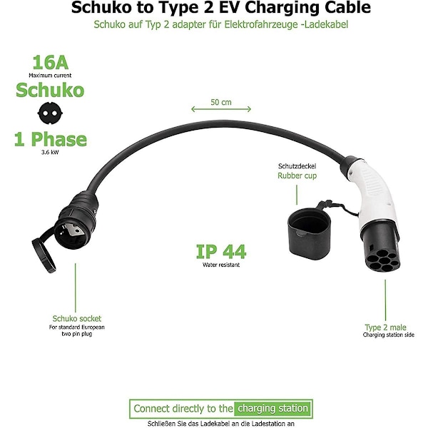 Ev-stik 16a Type 2 hanstik til Schuko-stik EV-opladningsadapter til EV Ladestation Elec