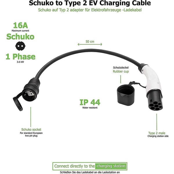 EV-stik 16A Type 2 hanstik til Schuko-stikdåse EV-opladningsadapter til EV-ladestation Elec