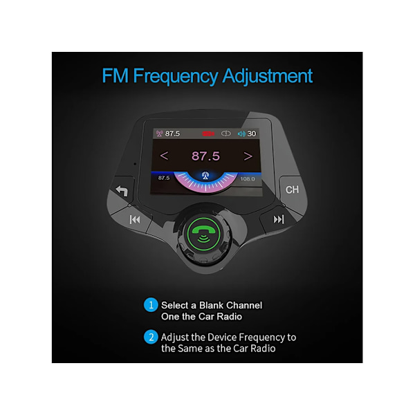 Trådløs Bluetooth FM-sender, BT 5.0, 2-tommers farverigt stof, Hi-Fi musik (Sort)