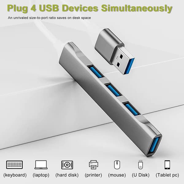 Adapter - Usb Hub Multiport, 4 I 1 Usb Port Splitter, 5 Gbps Dataoverførsel, Aluminium (Grå)