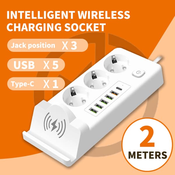Strømskinne med bryter, trådløs lader med 3 AC-uttak + 5 USB-porter + 1 Type C (hvit)