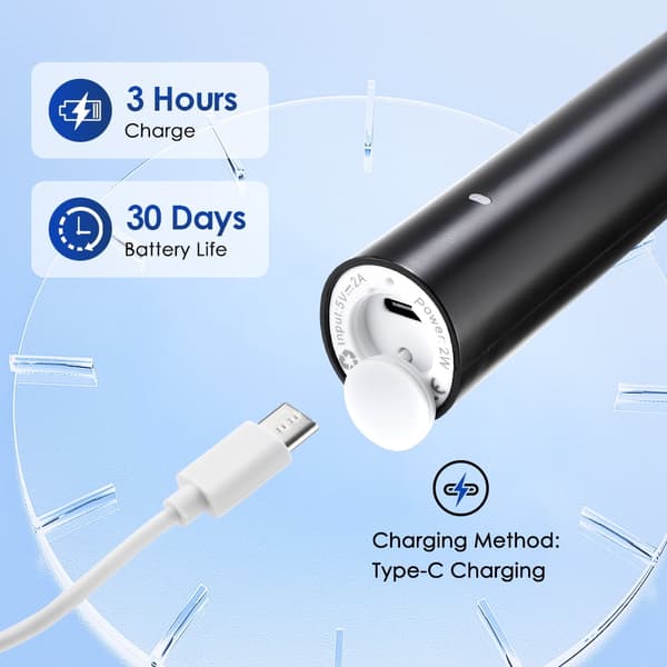 Elektrisk tannbørste - med 8 børstehoder, 5 moduser og 2 min smart timer (svart)
