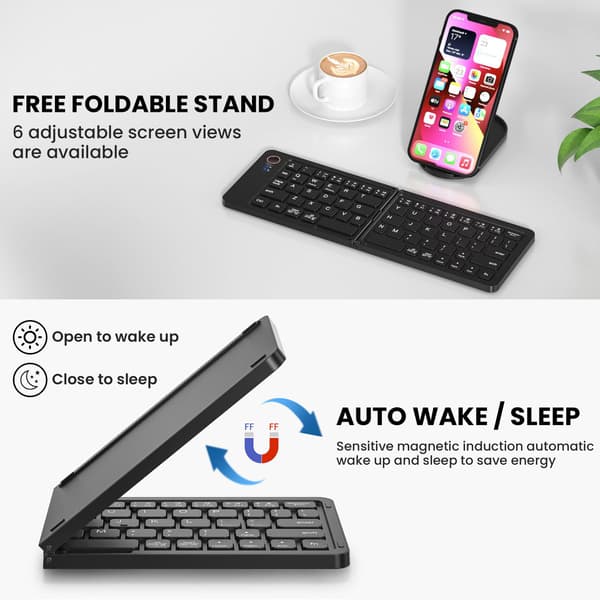 Sammenfoldeligt tastatur i fuld størrelse (synkroniser op til 3 enheder), til Android Windows iOS (sort)