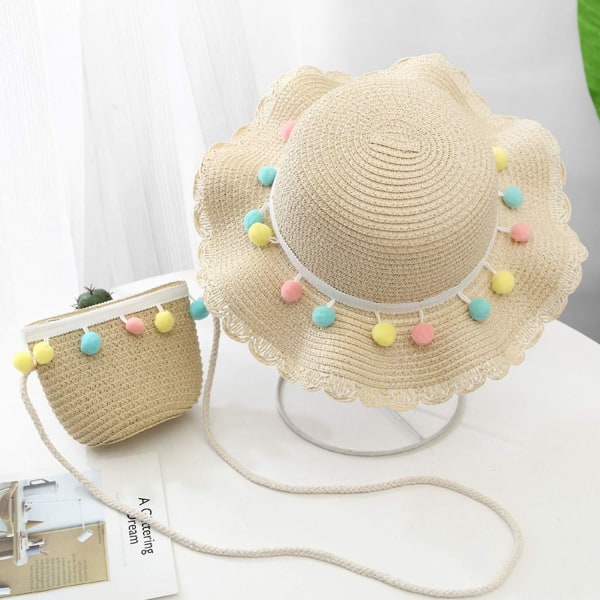 Barn Baby Flickor Bred brätte Beach Straw Solhatt med handväska Söta Princess Pompom Summer Hats