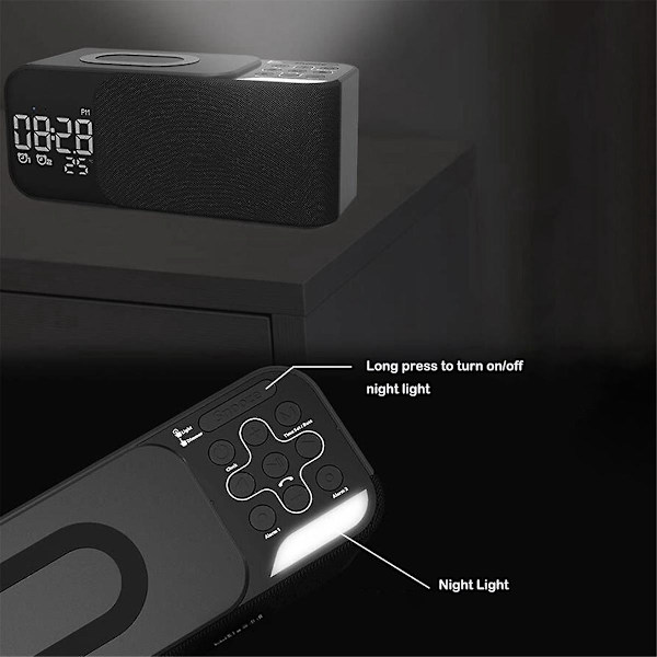 Digital Stereo FM Radio Vekkarklokke Nattlys Bluetooth Høyttaler 10W Trådløs Lader-Blå