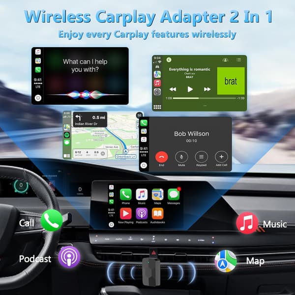 Trådløs Carplay-adapter, 2-i-1 Mini Størrelse Carplay & Android Auto, Plug & Play, Rask Autotilkobling
