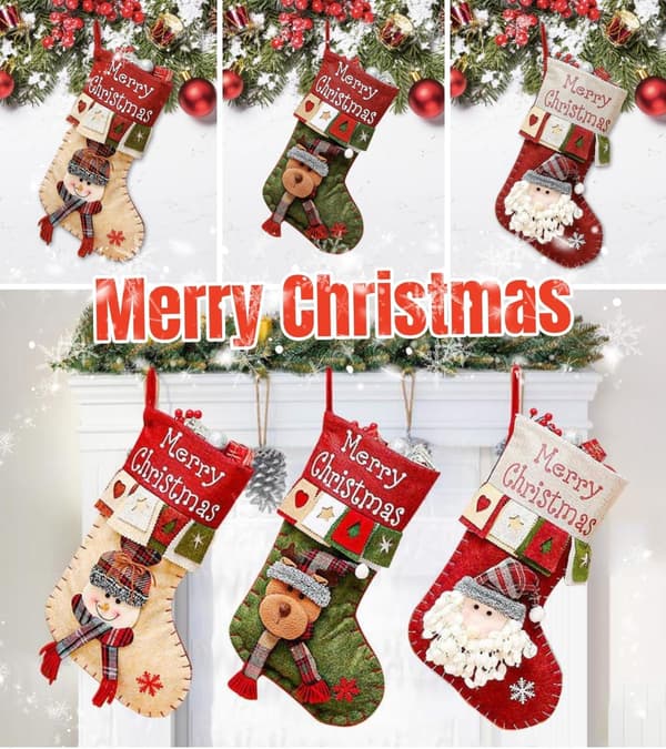 Julstrumpa 3-pack Retro, 45 cm Storlek Santa, Snögubbe