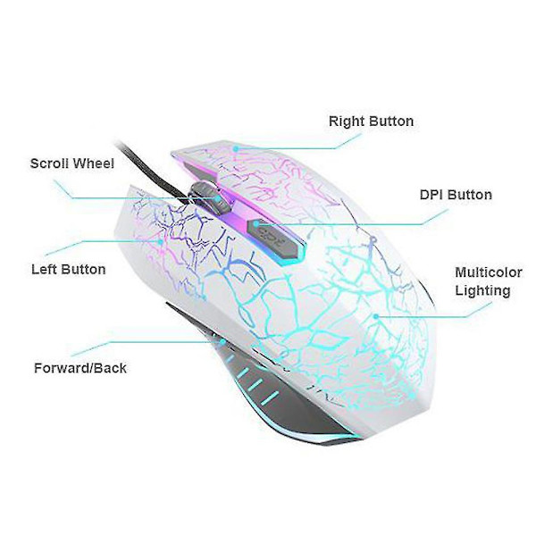 Sjq Gaming Mus Usb Wired 2400 Dpi Ergonomisk Gamer Mus Led Baggrundsbelyst White