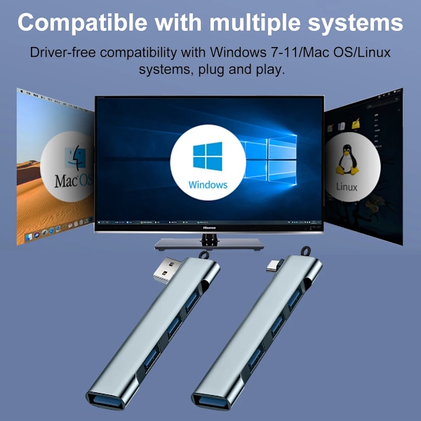 Adapter - USB C Hub Multiport, Side 4-i-1 Trådløs USB 3.0 Dockingstasjon (Grå)