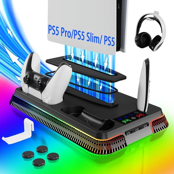 Køleventilator - Stand og oplader med RGB 3 USB-porte til PS5/Slim/Pro (Sort)