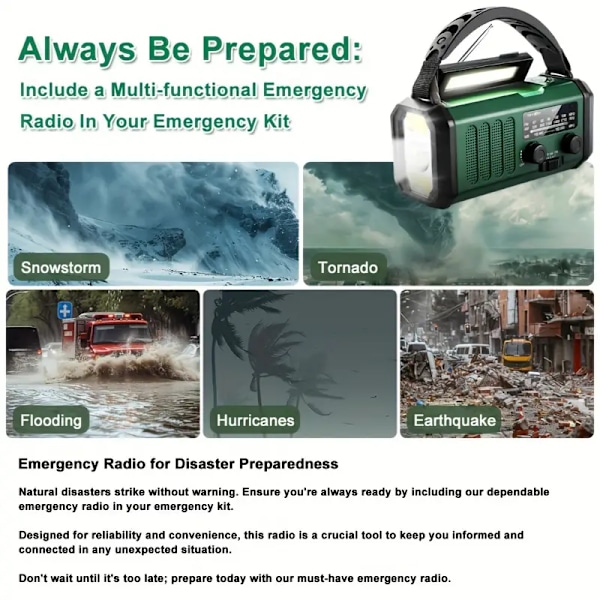 10 000 mAh nödradio: NOAA AM/FM väderradio med handvev (grön)